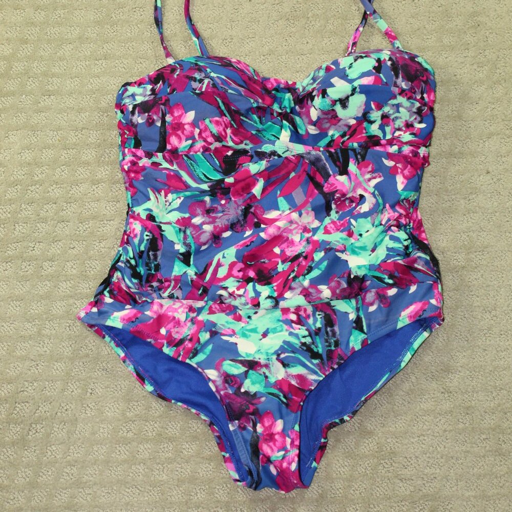 Catalina One Piece Blue Vibrant Floral Swimsuit Swimwear Flattering Sz M (8/10)
